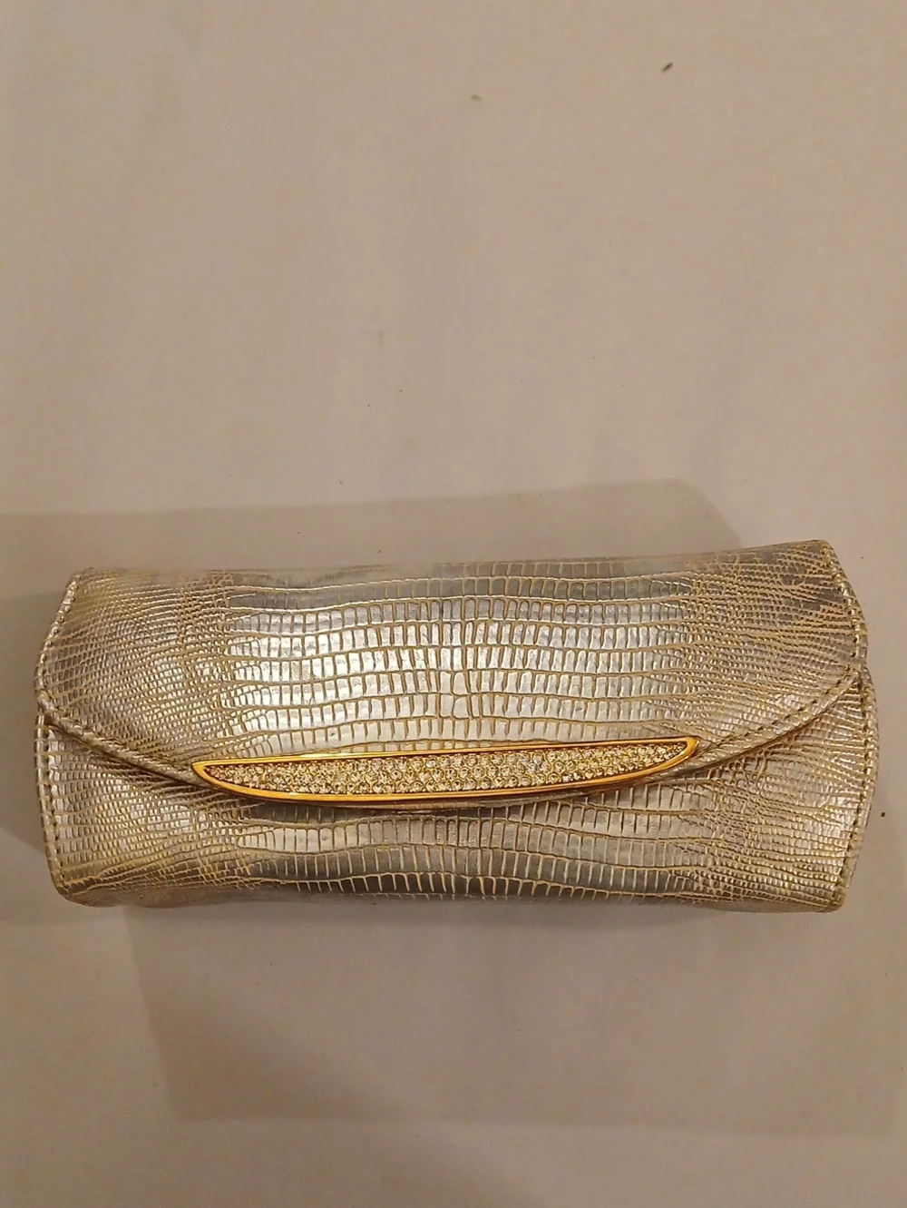 Judith Leiber Metallic Gold Lizzard Embossed Leather  Crystal Evening Clutch